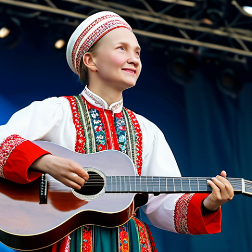Home 4 **
"A professional musician in a modest, traditional Russian folk costume, playing a domra on a brightly lit stage during a folk music festival in Moscow, fully clothed, appropriate attire, safe for work, perfect anatomy, natural proportions, professional stage photography, high quality, family-friendly."
**