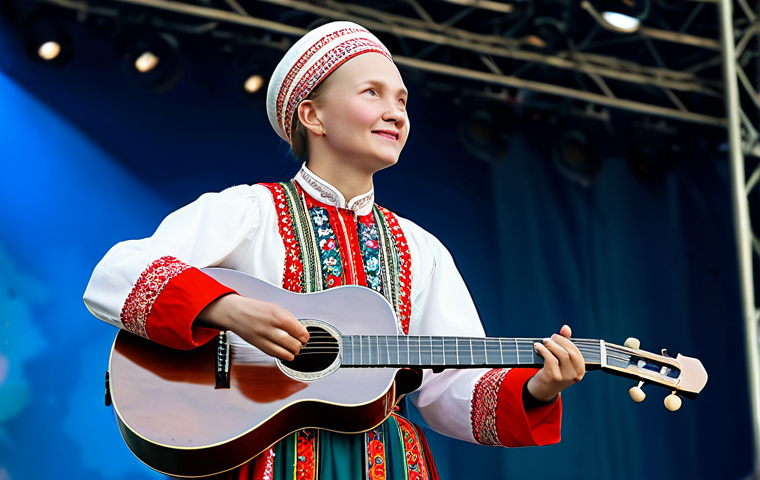 **

"A professional musician in a modest, traditional Russian folk costume, playing a domra on a brightly lit stage during a folk music festival in Moscow, fully clothed, appropriate attire, safe for work, perfect anatomy, natural proportions, professional stage photography, high quality, family-friendly."

**